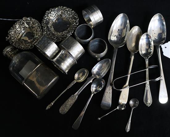 A provincial silver spoon, initialled SM, a George III bright-cut dessert spoon and a collection of small silver,